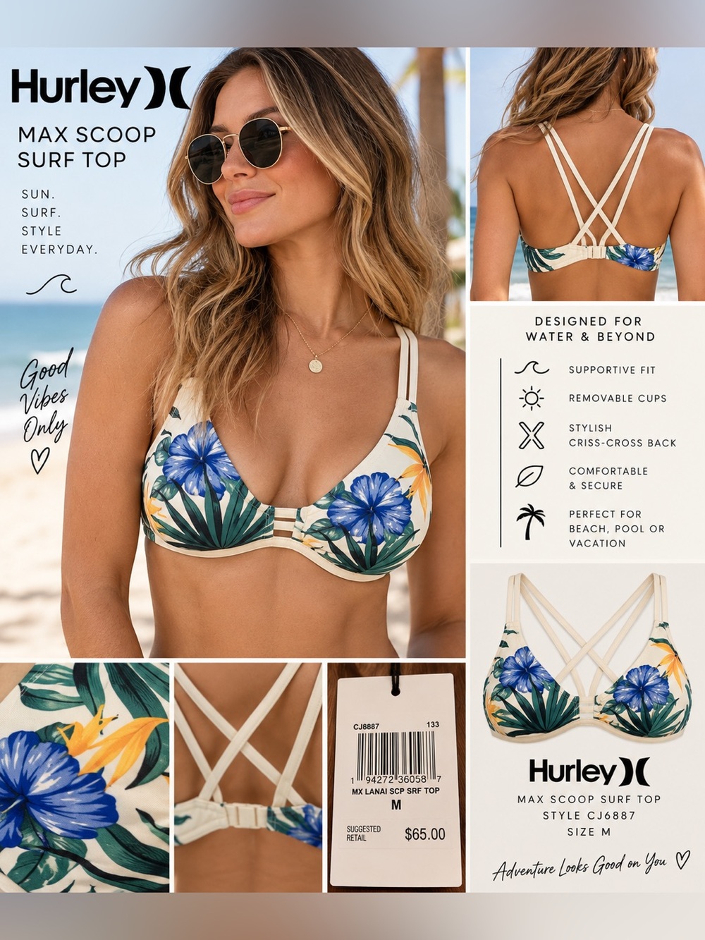 NWT Hurley Max Scoop Surf Top Women’s M Tropical Floral Criss Cross Bikini